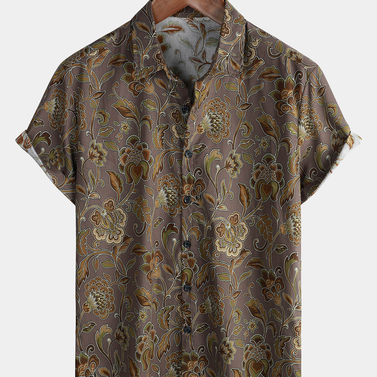 Men's Vintage Floral Holiday Casual Brown Short Sleeve Button Up Shirt
