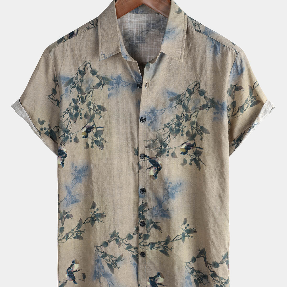 Men's Vintage Grey Floral Holiday Casual Summer Short Sleeve Button Up Shirt