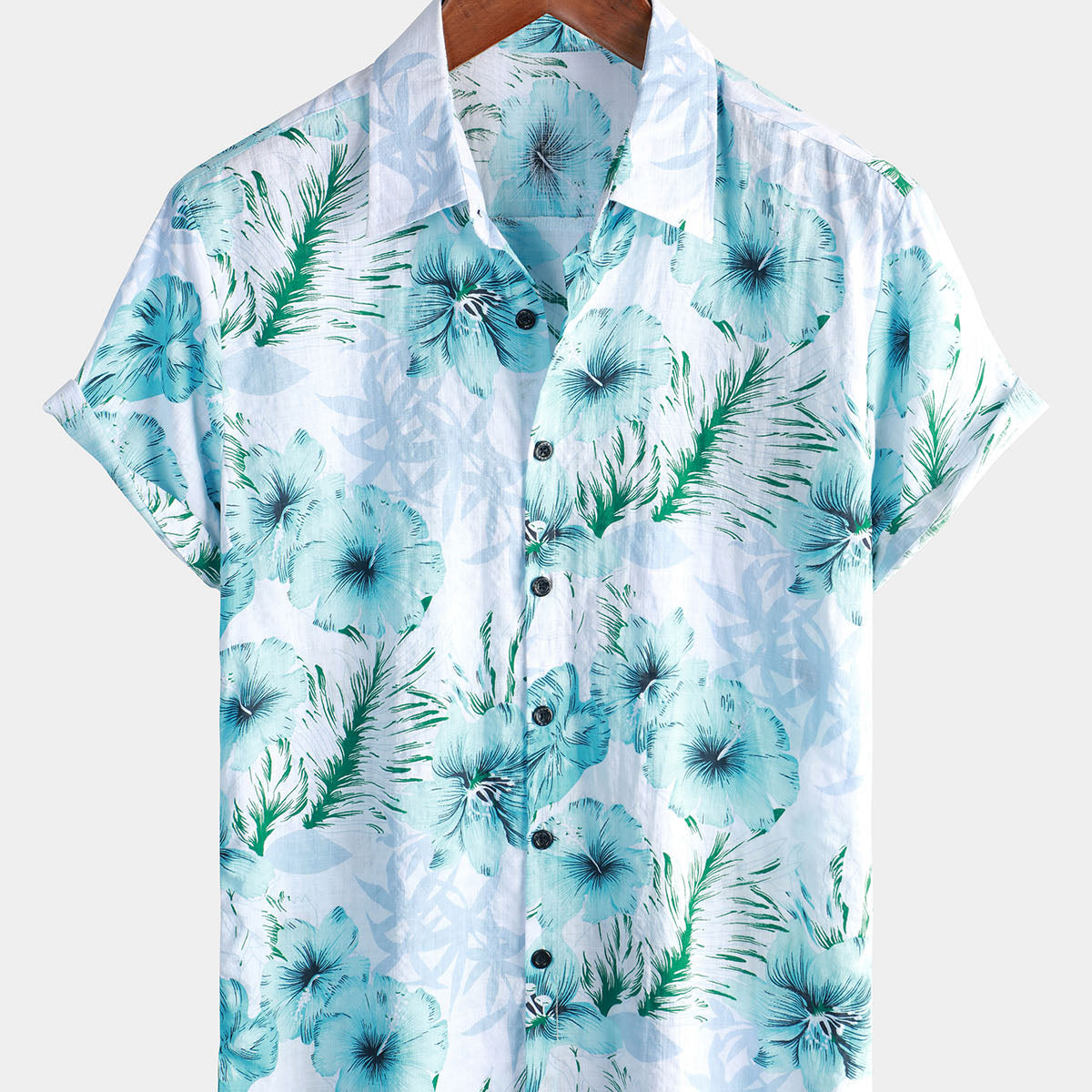 Camisa hawaiana de manga corta con botones florales tropicales y hibisco azul para vacaciones de verano en la playa para hombre