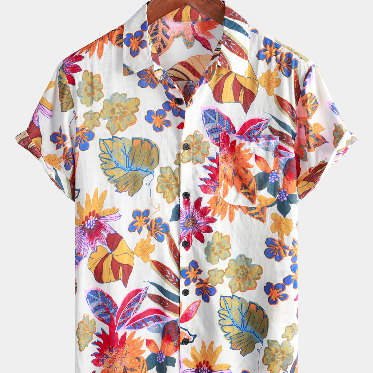 Camisa de verano de manga corta con botones de flores informales y florales coloridas de verano para hombre