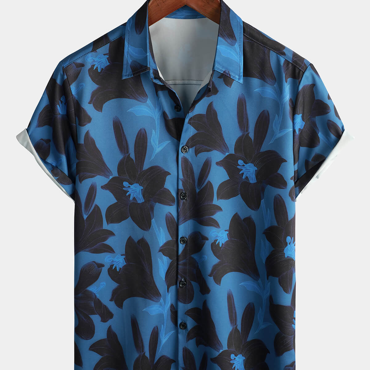Camisa de verano de manga corta con botones y estampado floral azul para hombre