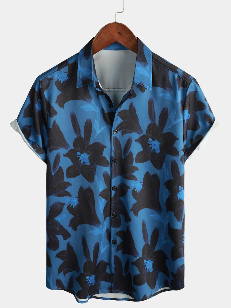 Men's Blue Floral Summer Button Up Vacation Short Sleeve Summer Shirt