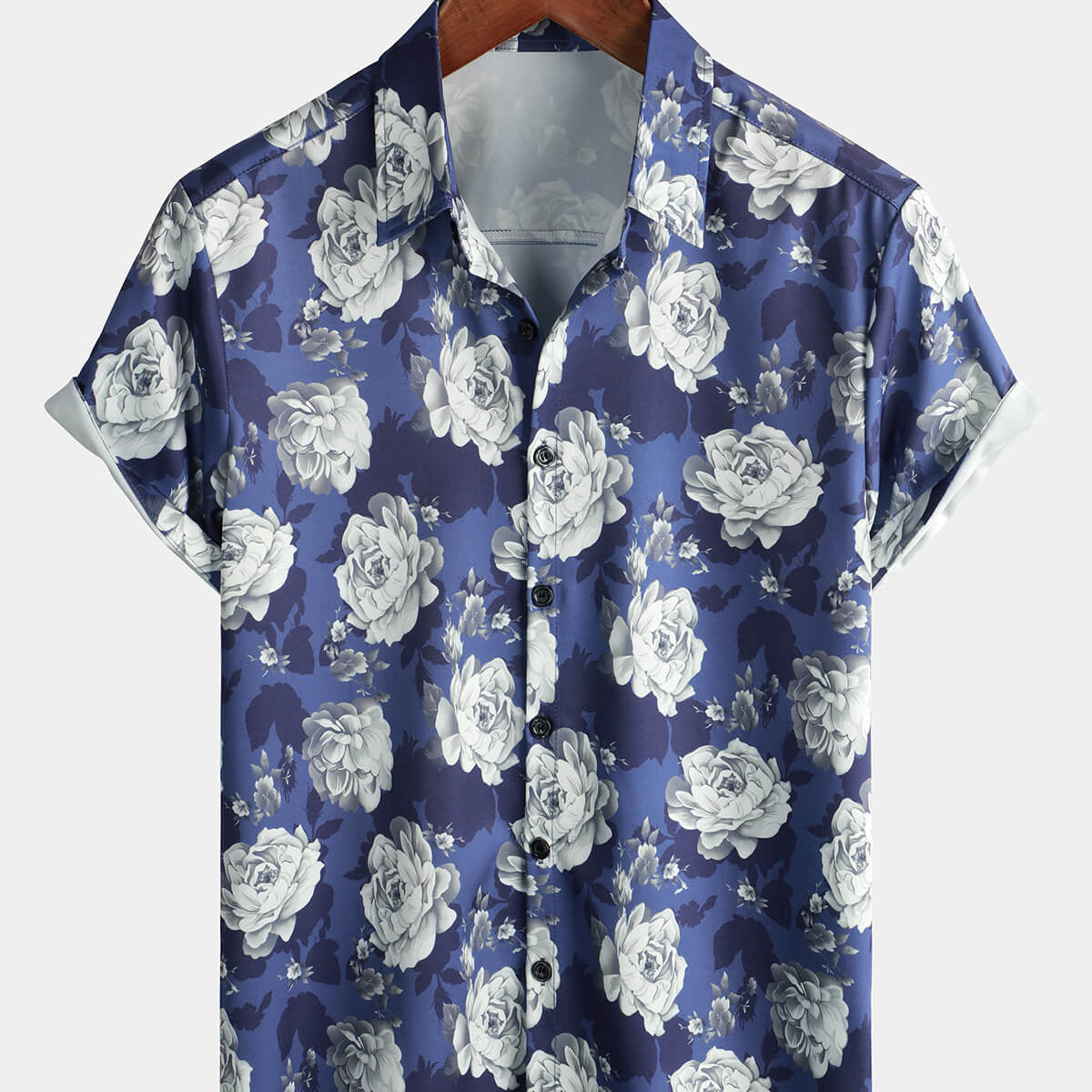 Camisa de verano de manga corta para hombre, color azul rosa, floral, playa, verano, vacaciones, con botones