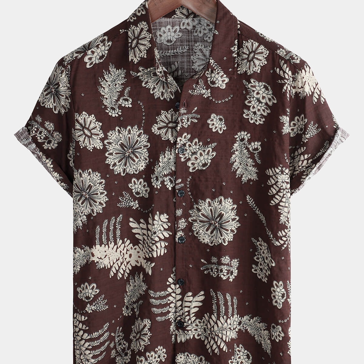 Men's Brown Floral Holiday Casual Beach Short Sleeve Button Up Shirt