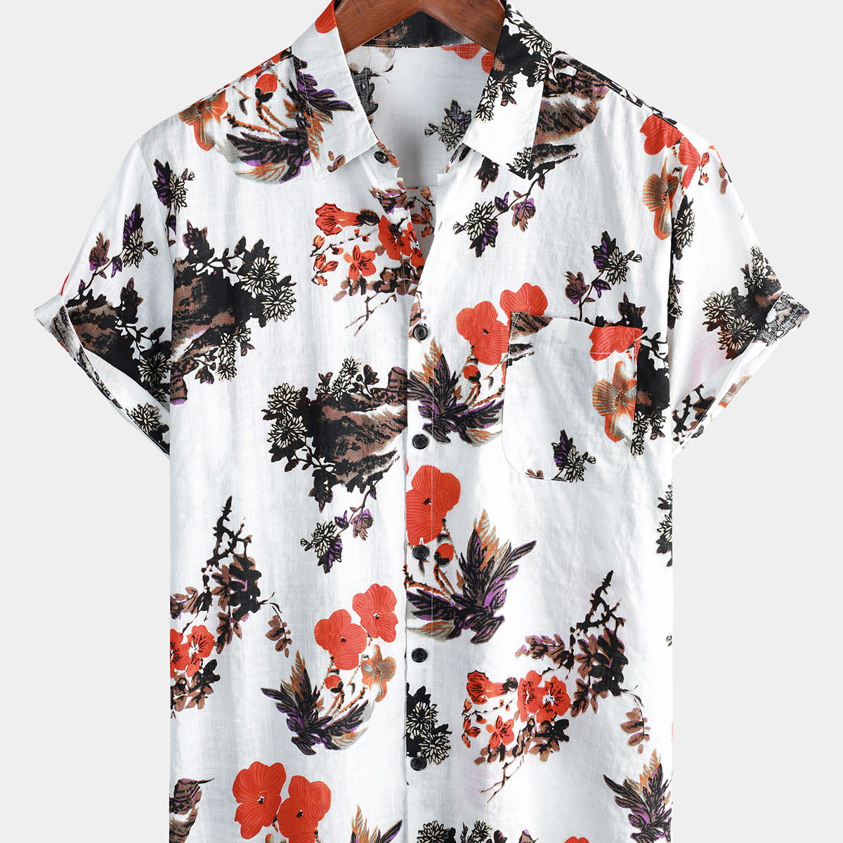 Camisa de manga corta de verano con botones y estampado floral informal con bolsillo de algodón para hombre