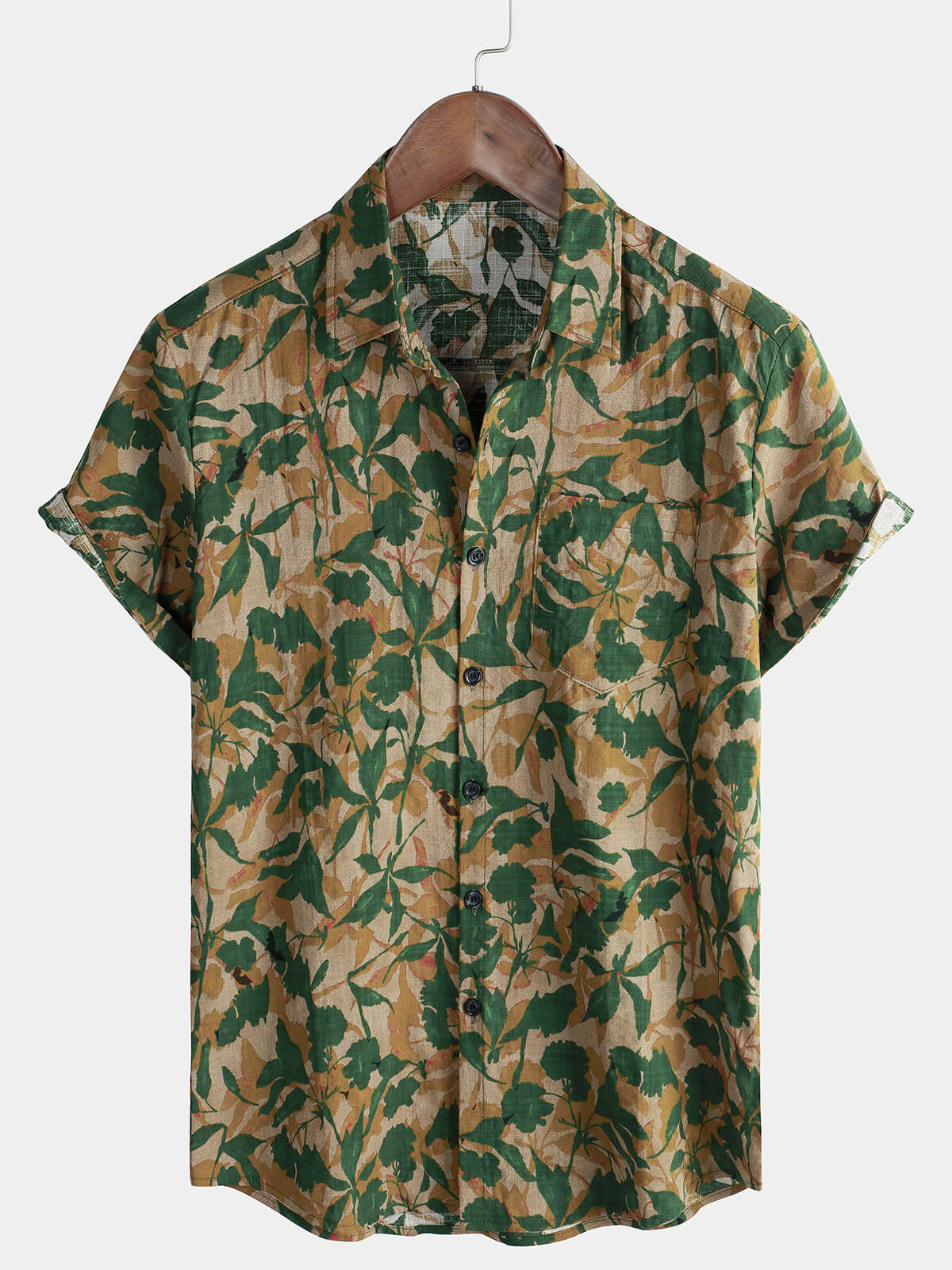 Men's Green Floral Holiday Pocket Summer Short Sleeve Button Up Shirt