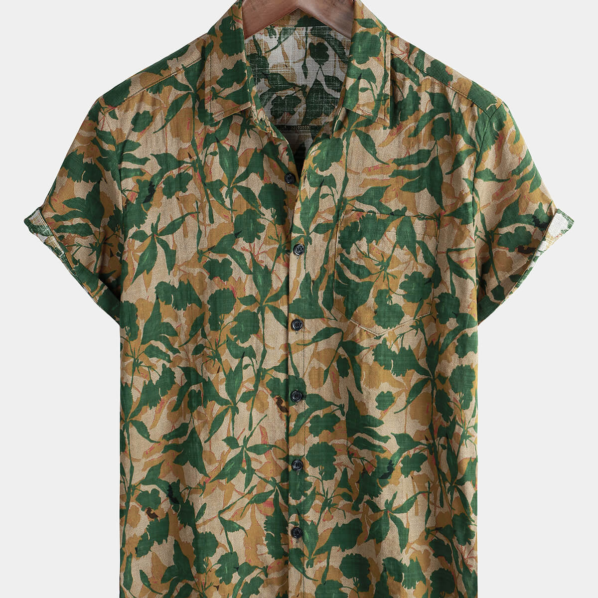 Men's Green Floral Holiday Pocket Summer Short Sleeve Button Up Shirt