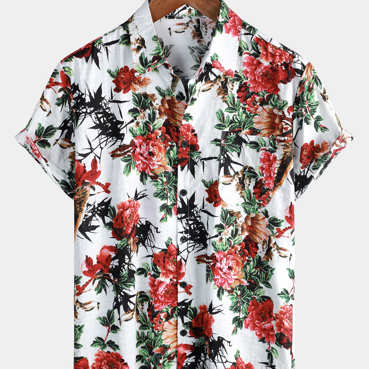 Camisa de manga corta para vacaciones en la playa informal de verano con bolsillo floral rojo vintage para hombre