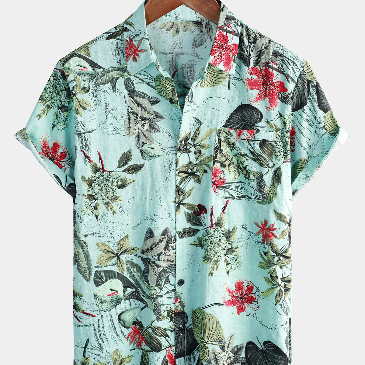 Camisa de manga corta con botones de planta hawaiana verde tropical de algodón floral para hombre