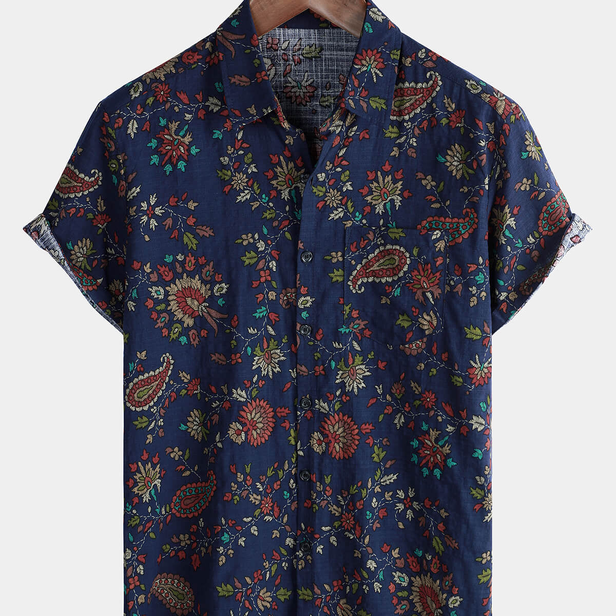 Men's Paisley Floral Holiday Casual Pocket Short Sleeve Button Up Shirt