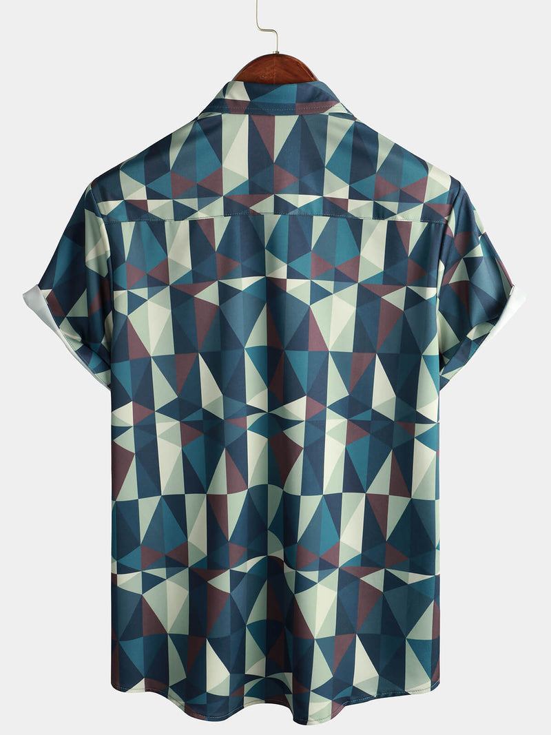 Men's Casual Art Triangle Geometric Print Short Sleeve Summer Beach Button Up Shirt