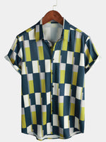 Men's Plaid Casual Art Geometric Print Short Sleeve Summer Beach Button Up Shirt