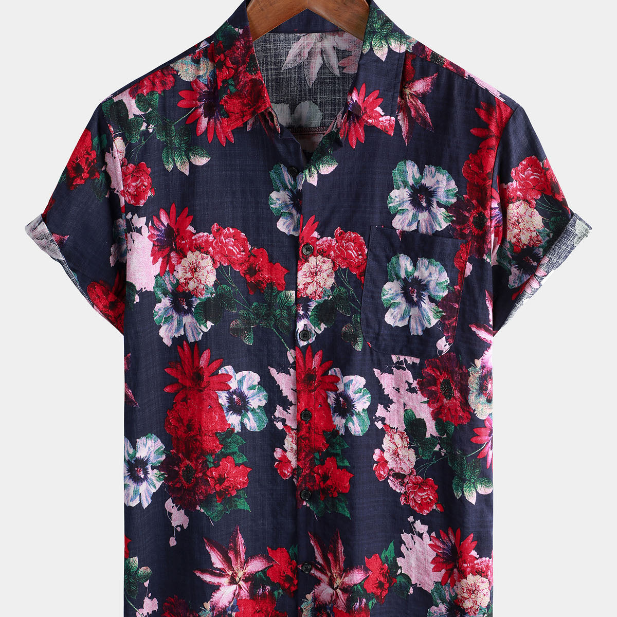 Men's Floral Print Vintage Casual Pocket Summer Holiday Button Short Sleeve Shirt
