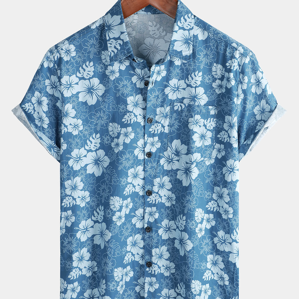 Men's Blue Hawaiian Floral Holiday Casual Pocket Short Sleeve Button Up Shirt