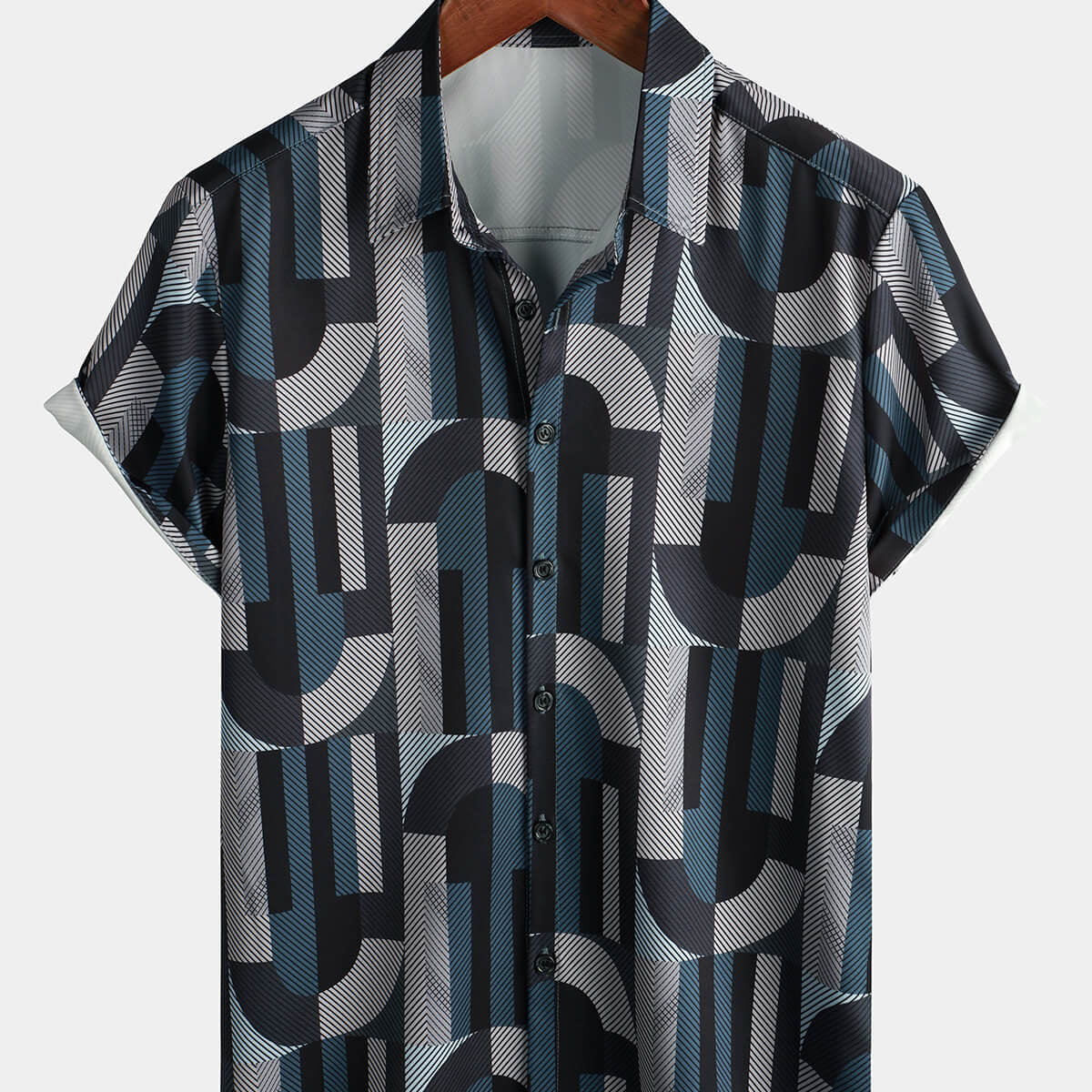 Camisa de manga corta con botones y estampado artístico geométrico vintage fresco de verano para hombre
