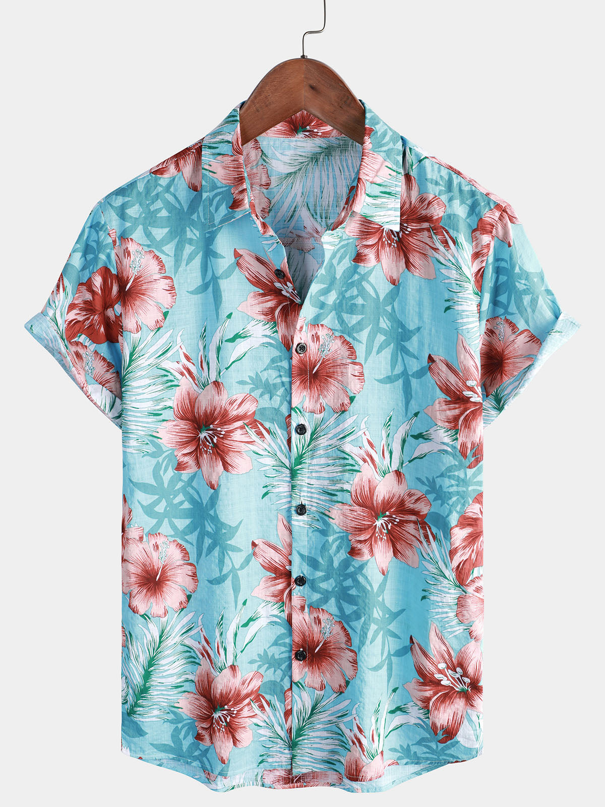 Men's Hawaiian Tropical Button Hibiscus Floral Print Vacation Beach Blue Short Sleeve Shirt
