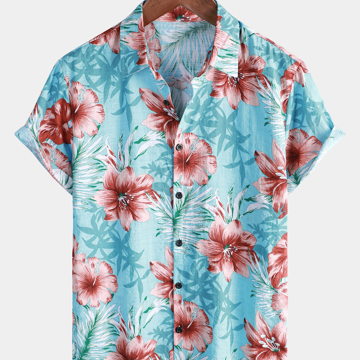 Camisa de manga corta azul hawaiana con botones tropicales y estampado floral de hibisco para vacaciones en la playa para hombre