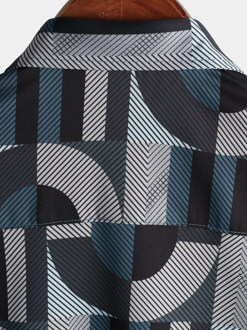 Men's Summer Cool Vintage Geometric Art Print Button Up Short Sleeve Shirt