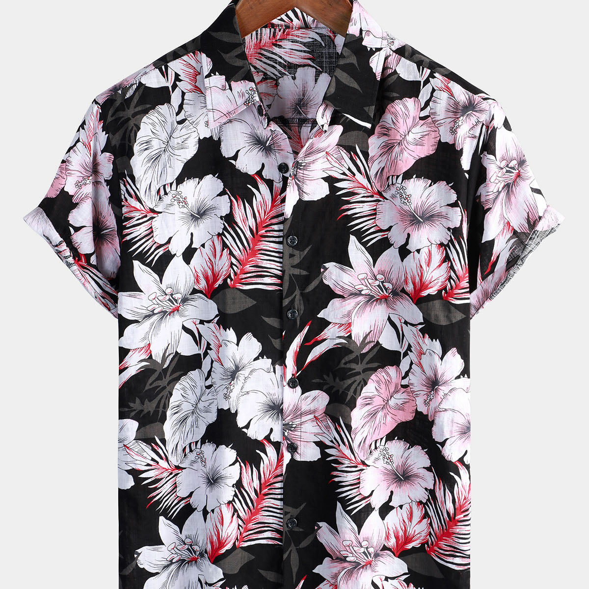 Camisa hawaiana de manga corta para hombre, color rosa tropical, floral, con botones, hibisco, vacaciones de verano, playa