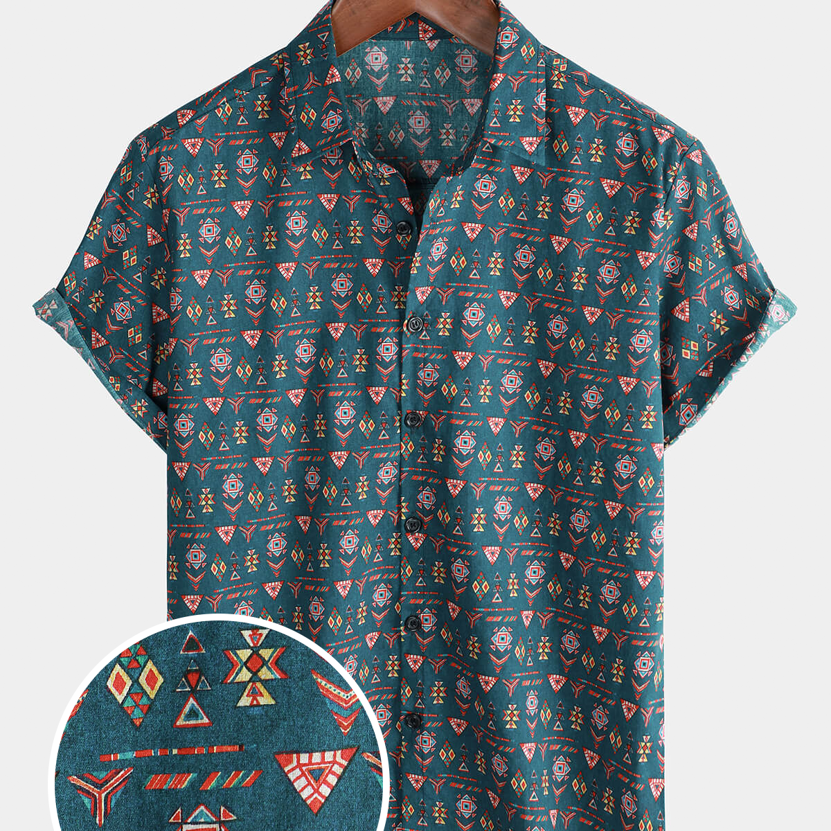 Men's Cotton Geometric Casual Blue Short Sleeve Button Up Shirt