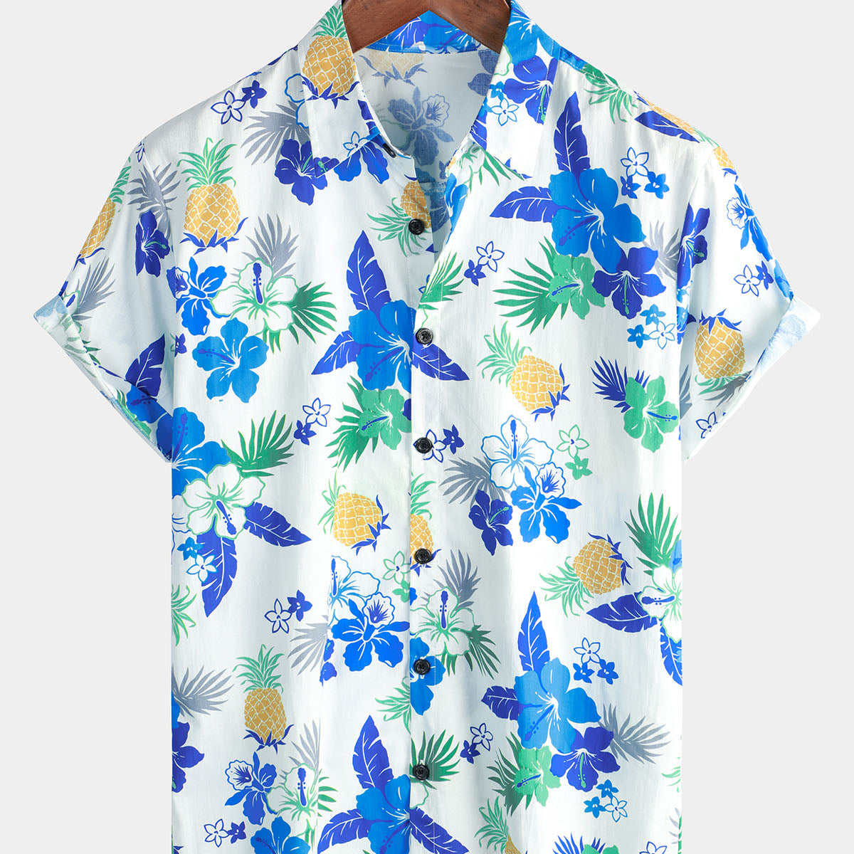 Camisa hawaiana azul de playa de manga corta con botones tropicales de frutas de algodón floral de piña para hombre