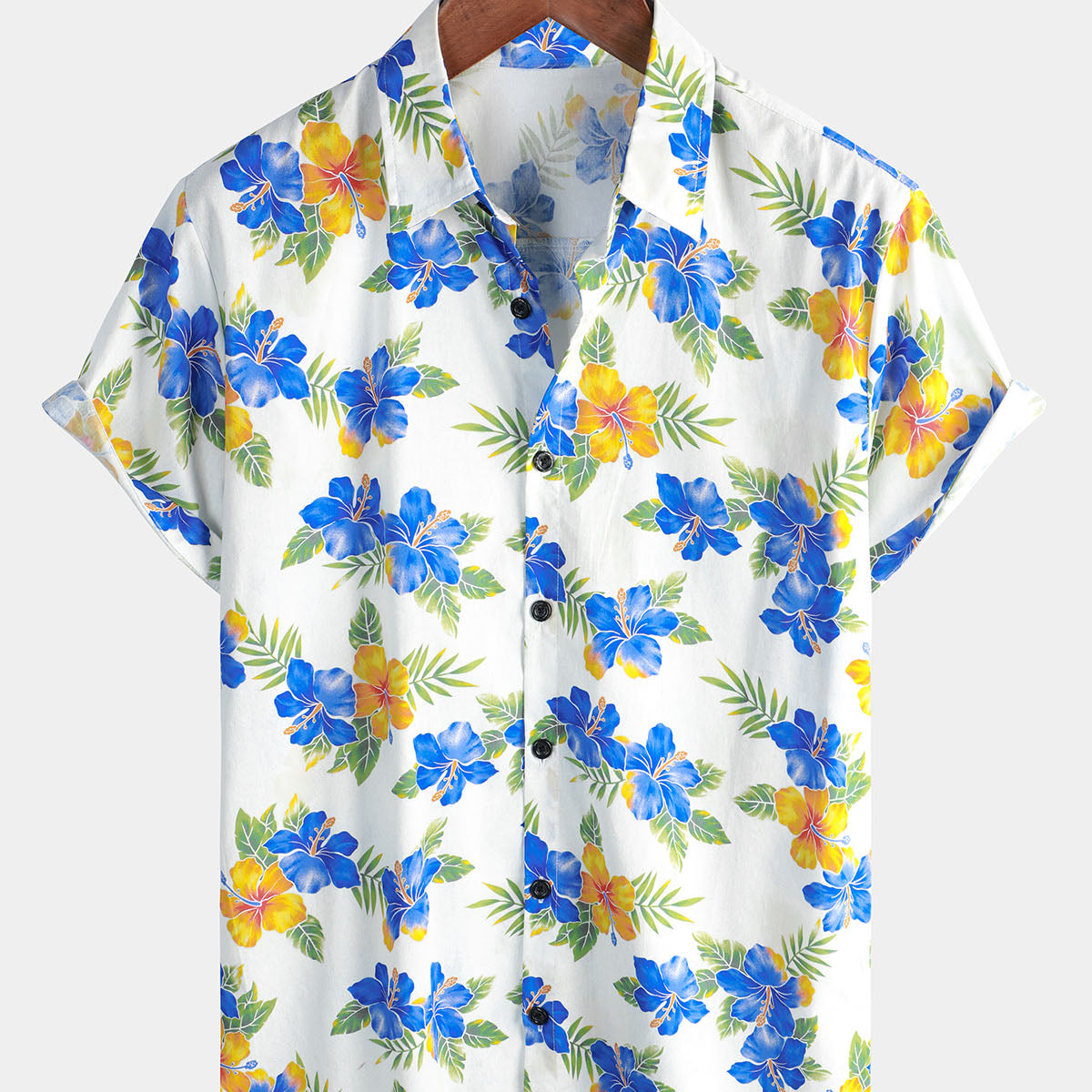 Camisa de manga corta con botones hawaianos florales de algodón para hombre, informal, tropical, de verano, con flores de hibisco
