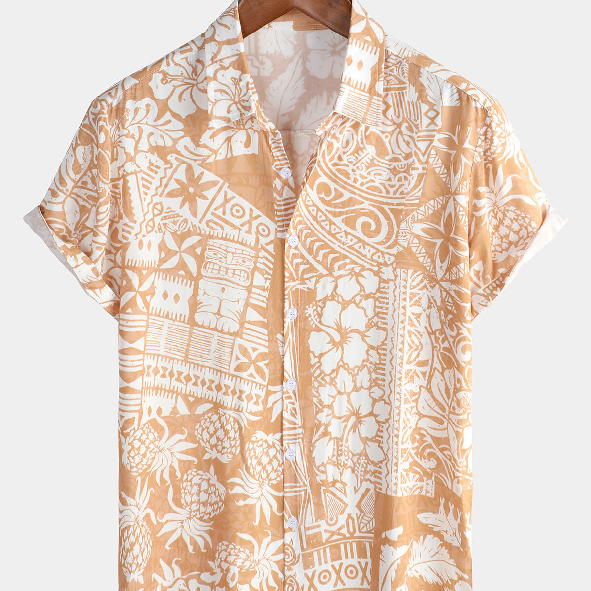 Men's Tropical Floral Holiday Khaki Hawaiian Short Sleeve Button Up Shirt