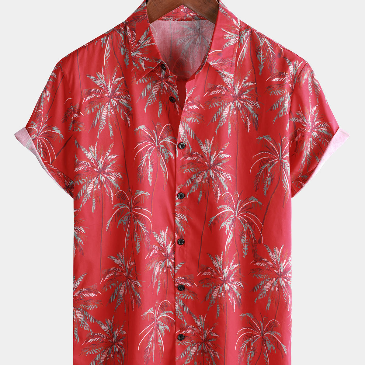 Camisa de manga corta para hombre de algodón rojo hawaiano tropical palmera casual playa verano planta vacaciones