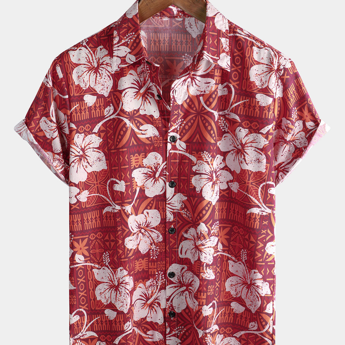 Camisa con botones para vacaciones en la playa de verano con estampado de hibisco floral vintage hawaiano rojo para hombre