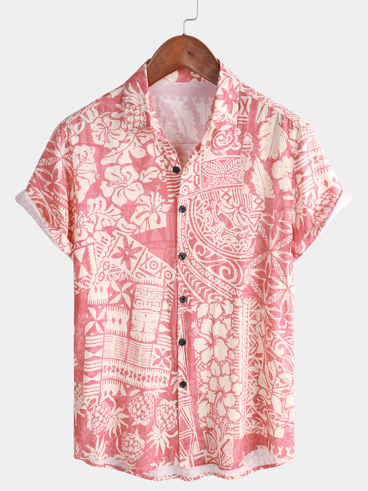 Men's Pink Tropical Floral Holiday Hawaiian Short Sleeve Button Up Shirt