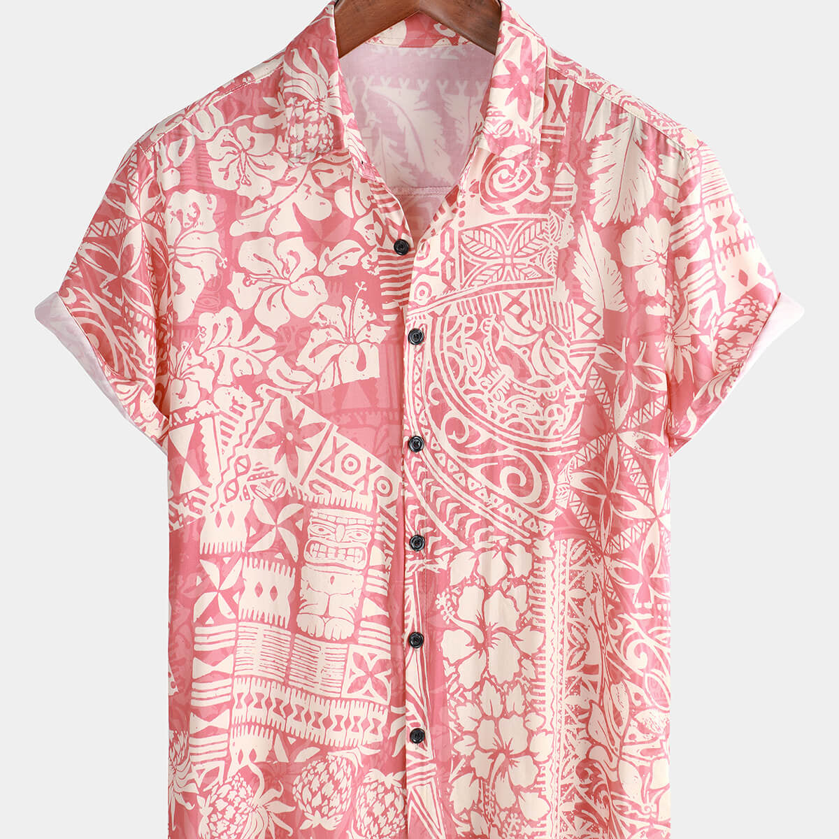 Men's Pink Tropical Floral Holiday Hawaiian Short Sleeve Button Up Shirt