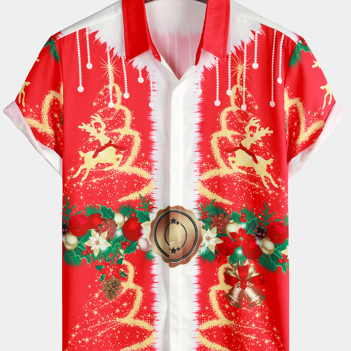 Camisa de manga corta con solapa divertida roja con temática navideña vintage para hombre