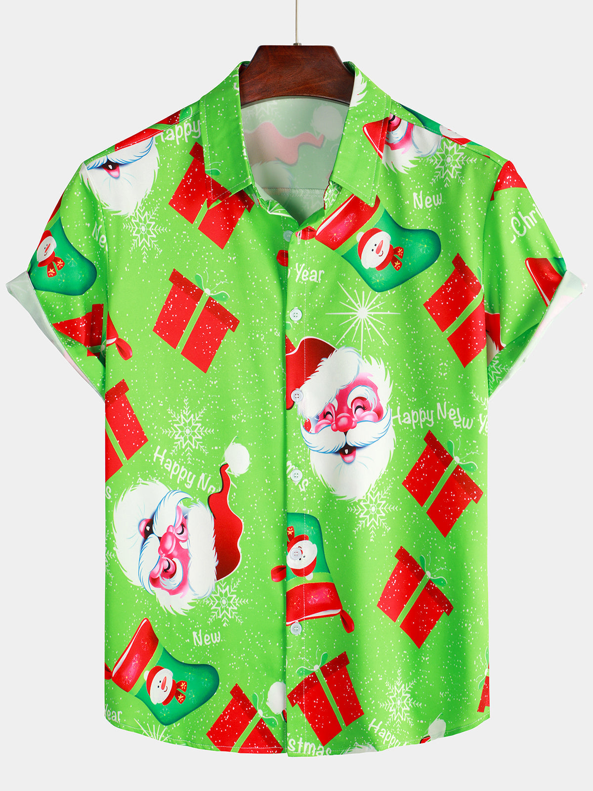 Men's Vintage Santa Claus And Gift Print Costume Green  Funny Christmas Themed Short Sleeve Shirt