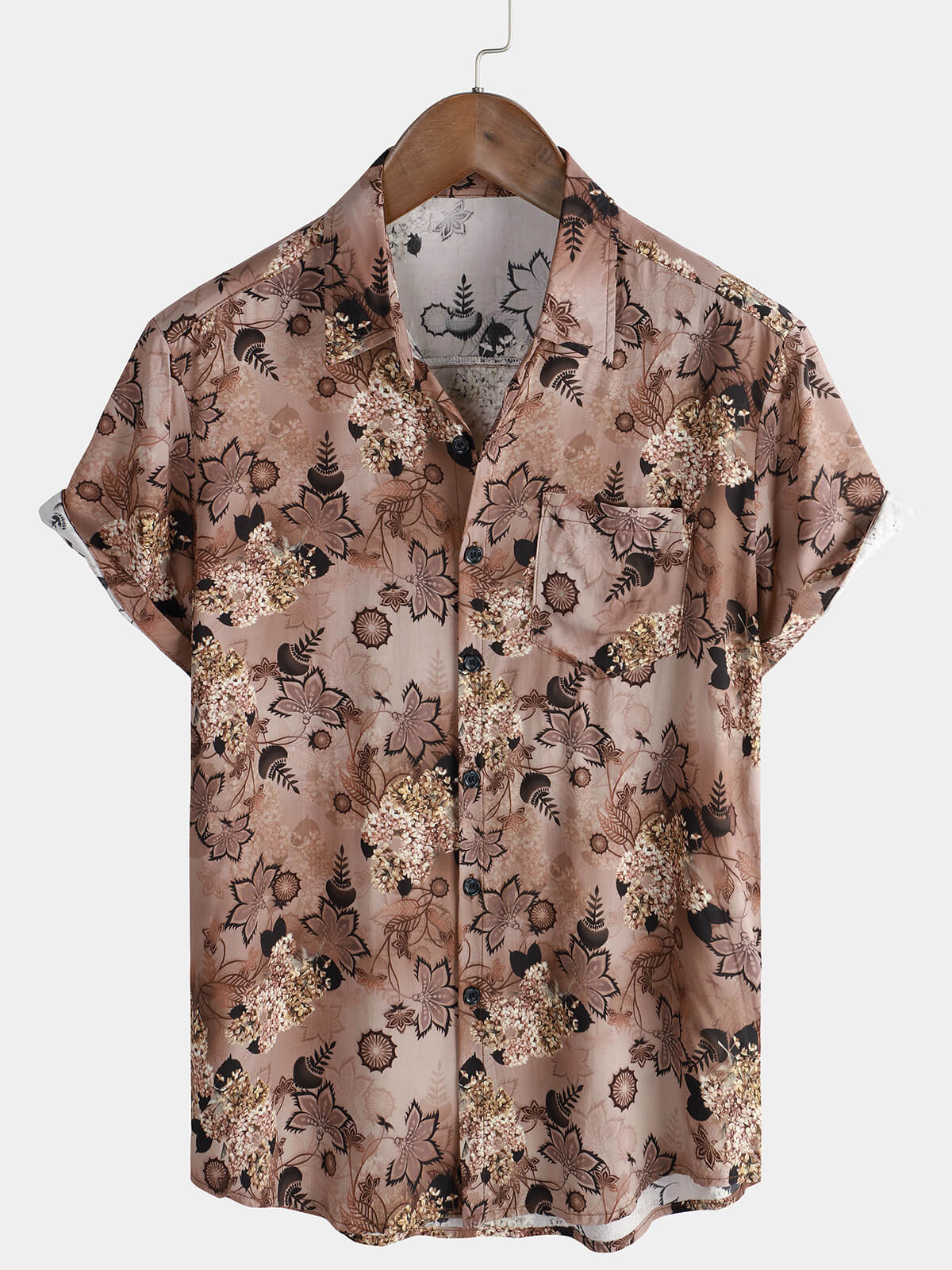 Men's Floral Pocket Holiday Casual Brown Short Sleeve Button Up Shirt