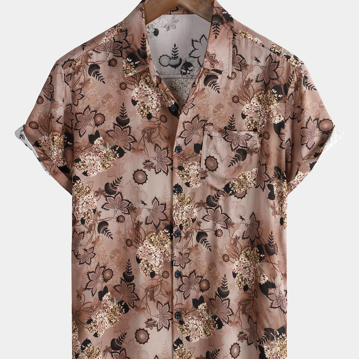 Men's Floral Pocket Holiday Casual Brown Short Sleeve Button Up Shirt
