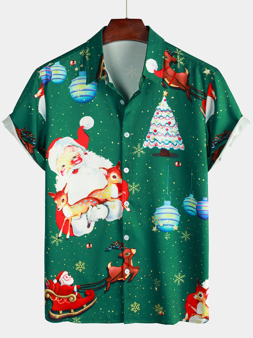 Men's Vintage Santa Claus Elk Print Costume Funny Short Sleeve Christmas Shirt