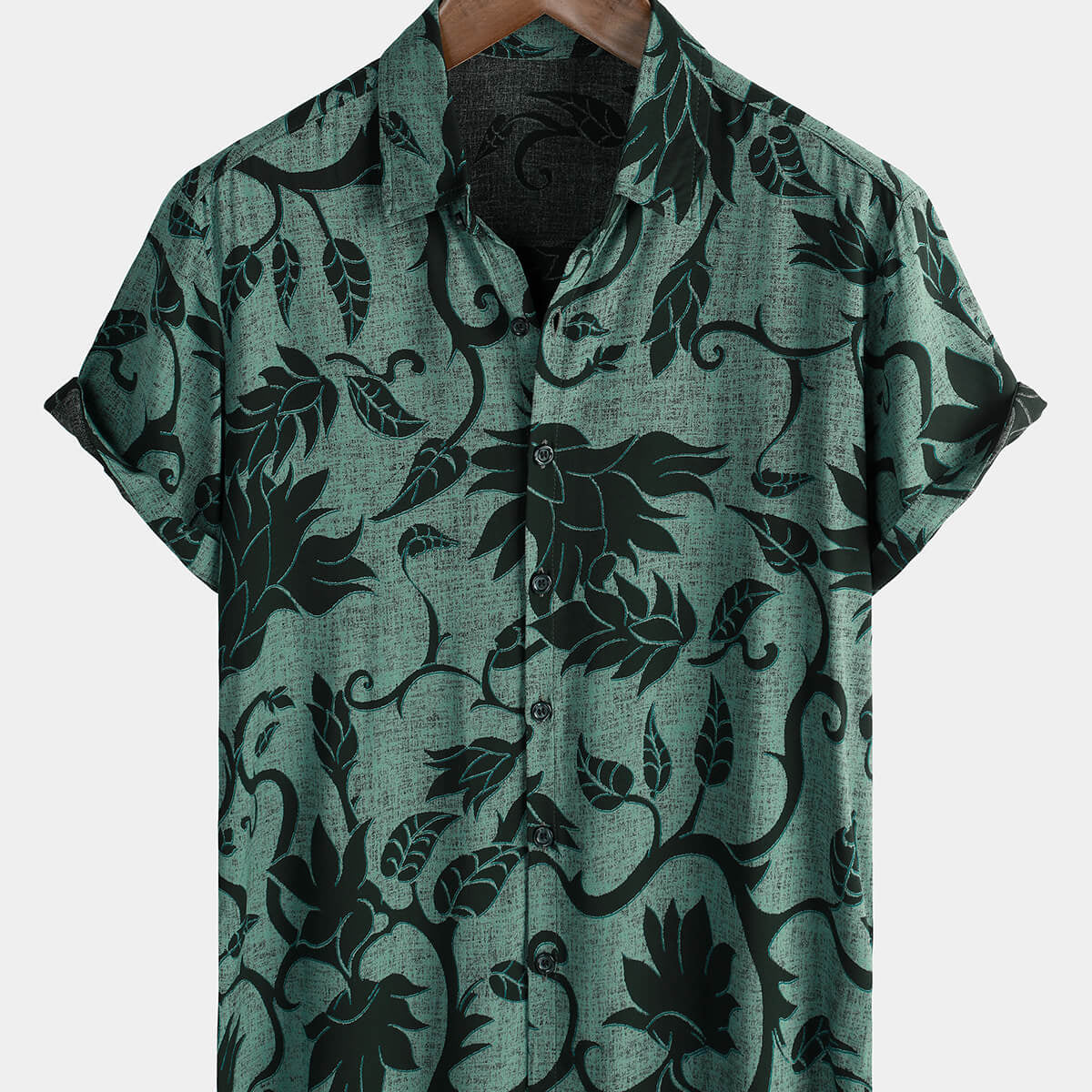 Men's Green Floral Holiday Casual Summer Short Sleeve Button Up Shirt