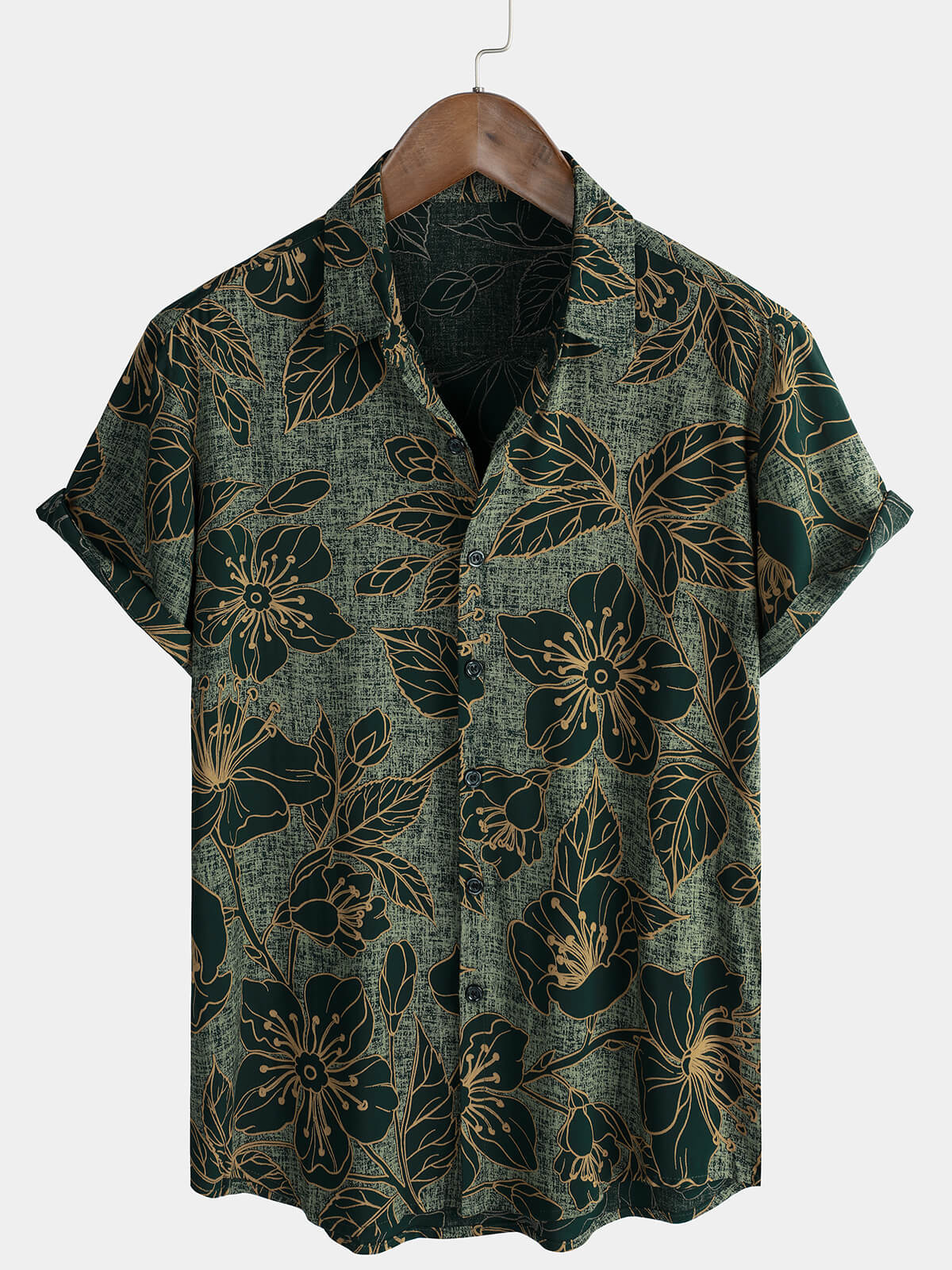 Men's Floral Vintage Green Summer Holiday Button Up Short Sleeve Shirt