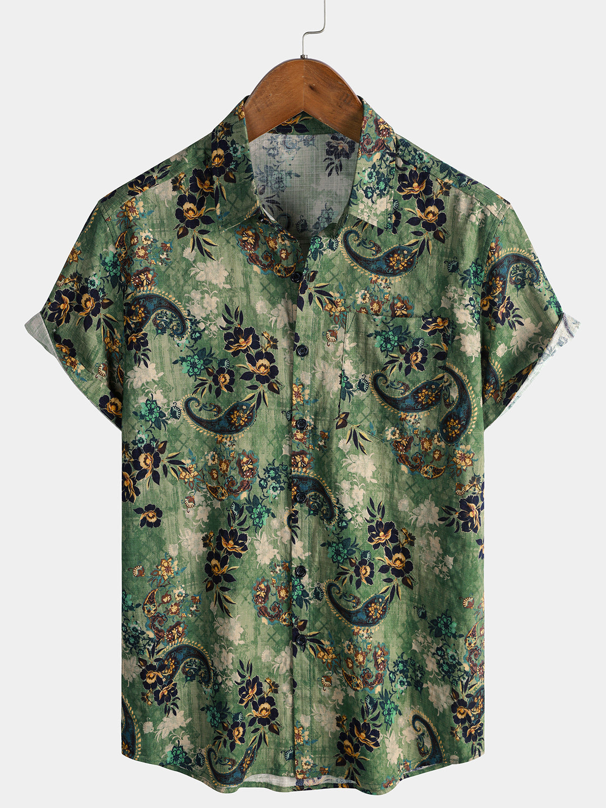 Men's Green Paisley Floral Print Vintage Summer Short Sleeve Shirt