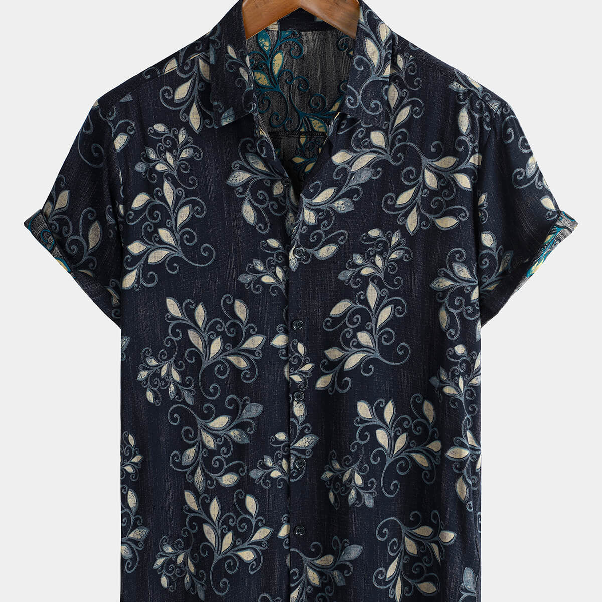 Men's Navy Blue Floral Holiday Casual Short Sleeve Button Up Shirt