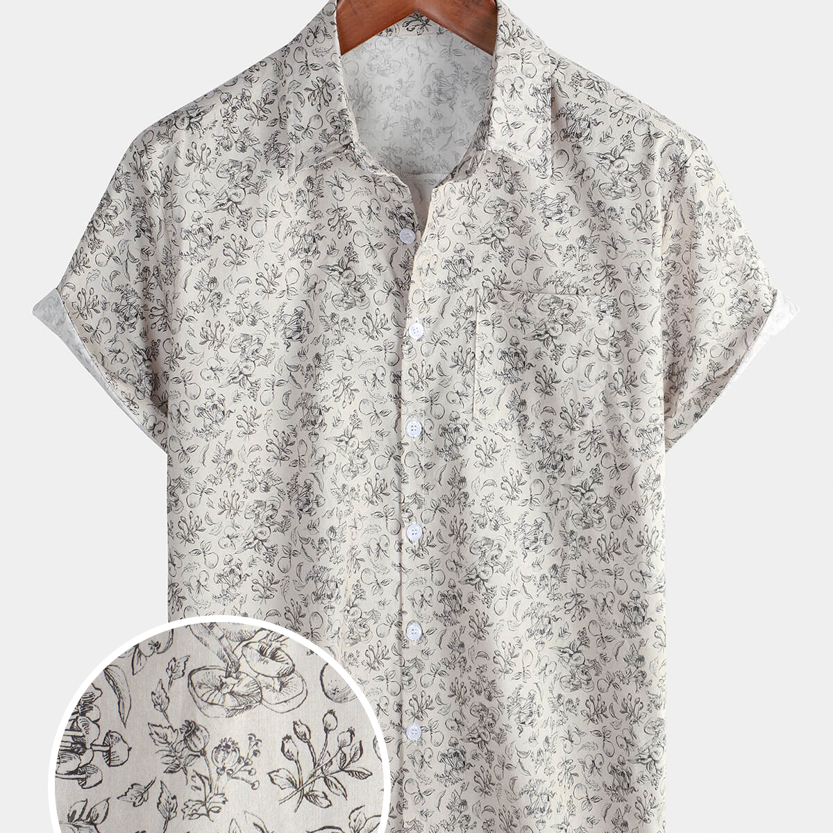 Men's Casual Floral Holiday Pocket Breathable Cotton Short Sleeve Button Up Shirt