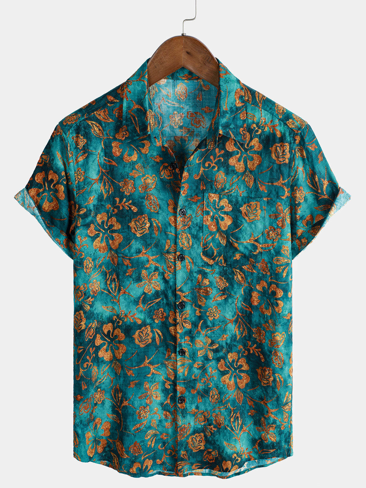 Men's Floral Print Pocket Hawaiian Short Sleeve Shirt