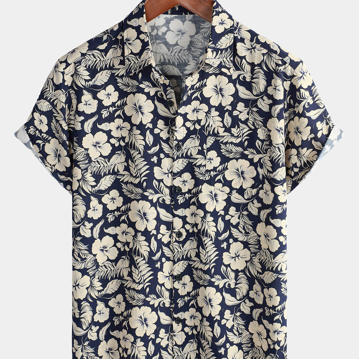 Men's Navy Blue Hawaiian Floral Holiday Casual Summer Short Sleeve Button Up Shirt