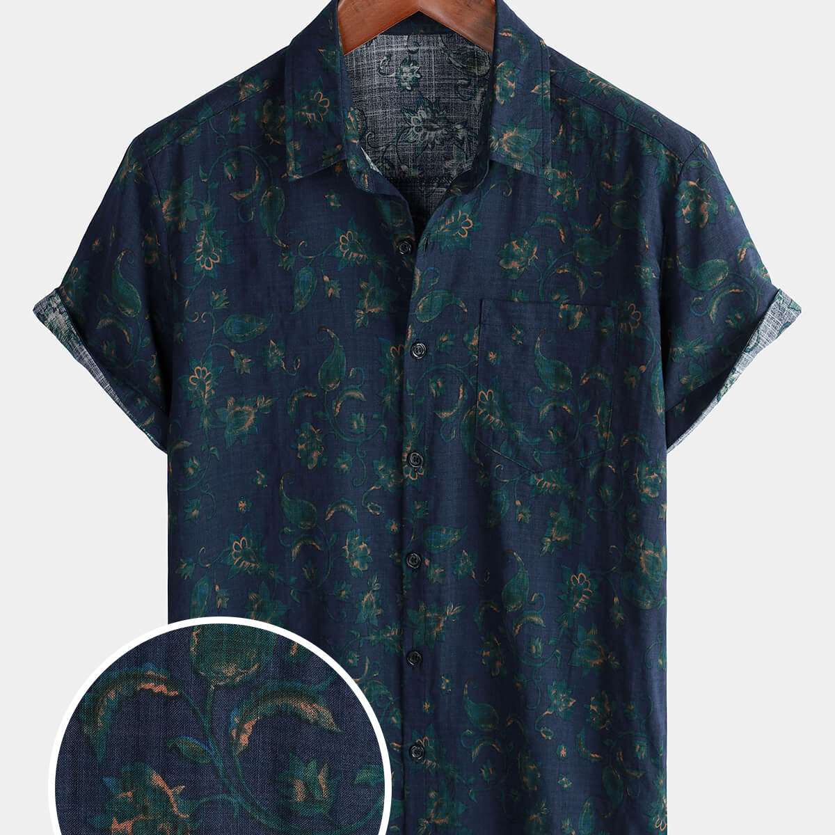 Men's Blue Floral Holiday Casual Pocket Short Sleeve Button Up Shirt