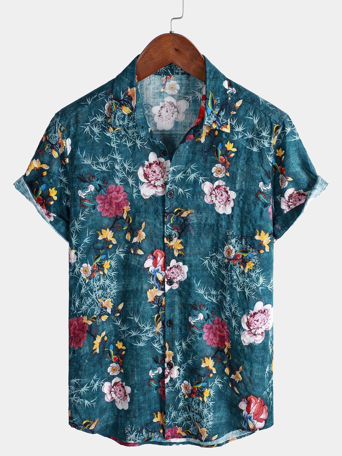 Men's Retro Floral Print Blue Short Sleeve Shirt