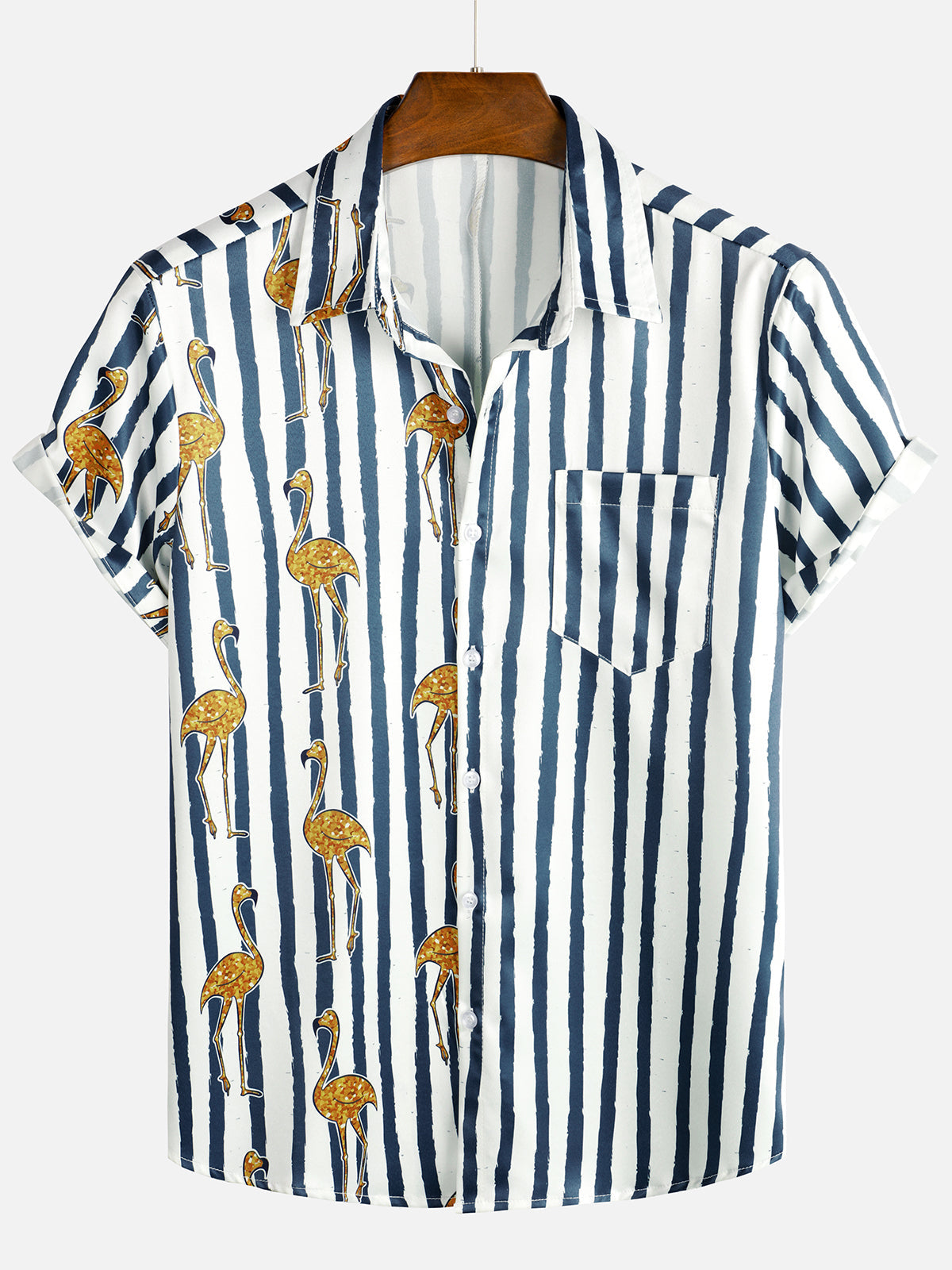 Men's Tropical Flamingo Navy Blue Striped Print Pocket Hawaiian Short Sleeve Shirt