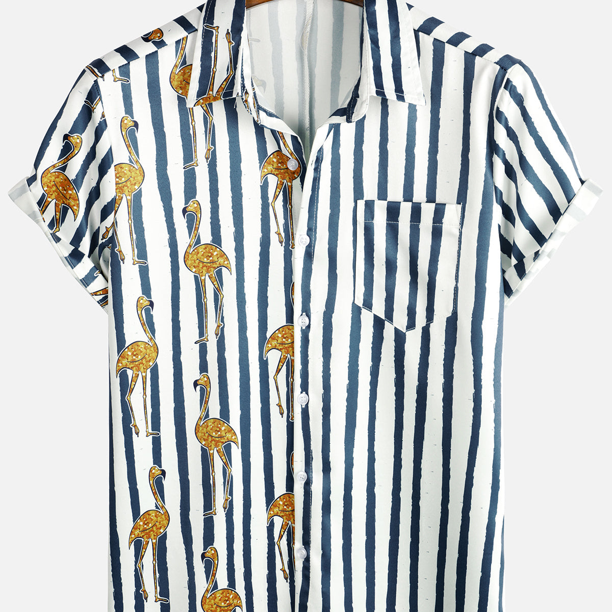 Men's Tropical Flamingo Navy Blue Striped Print Pocket Hawaiian Short Sleeve Shirt