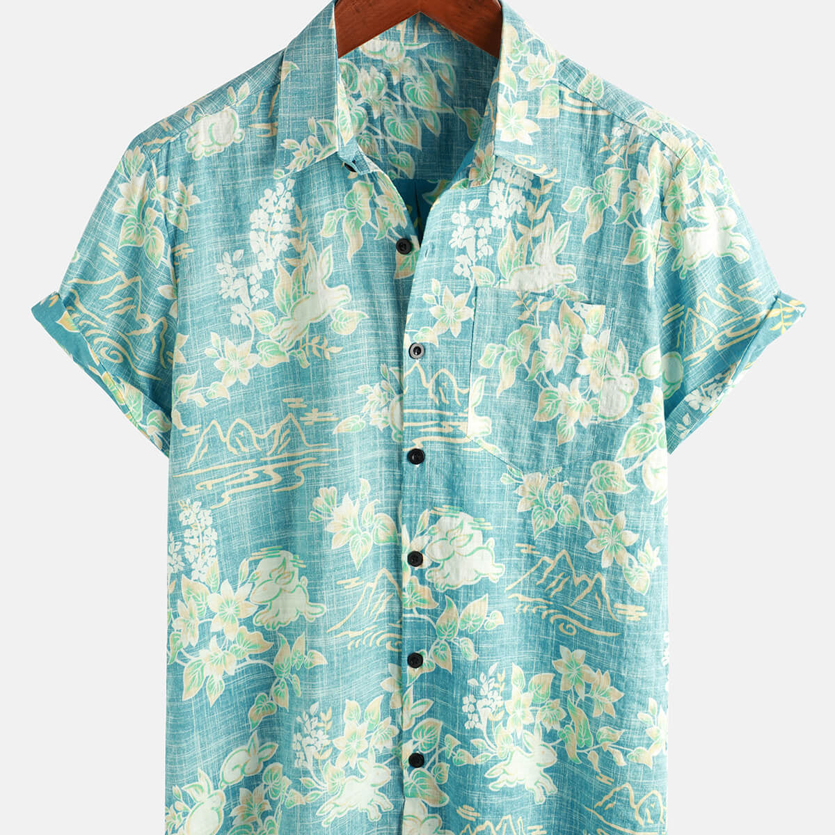 Camisa con botones de manga corta de verano para playa con bolsillo y estampado floral tropical hawaiano vintage para hombre