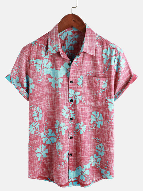 Bundle Of 2 | Men's Vintage Hawaiian Tropical Floral Print Pocket Beach Summer Short Sleeve Shirts