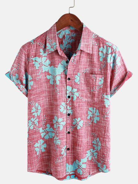 Men's Red Floral Vintage Short Sleeve Button Up Beach Tropical Hawaiian Shirt